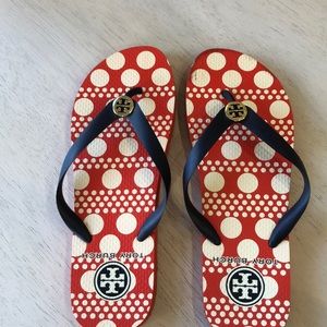 Tory Burch wide strap flip flops, red,white & blue
